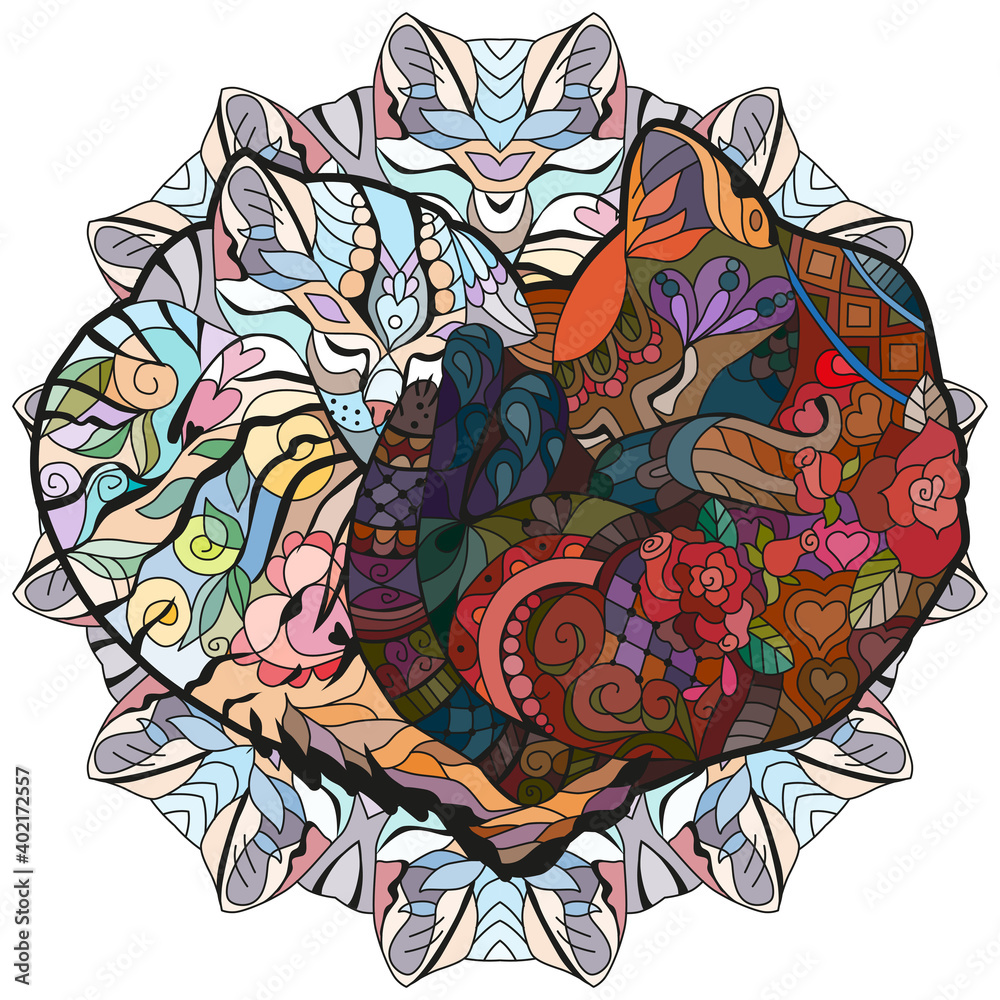 Zentangle two cats sleeping in shape of heart. For t-shirt design, print on other things