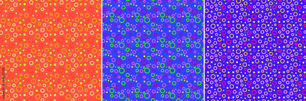 
Abstract, colored seamless patterns collection. Multi-colored rings and balls. Modern pattern-bubbles.