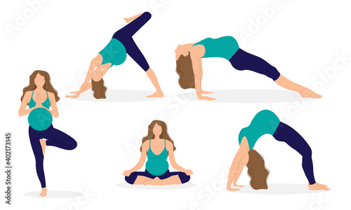 Pregnant woman doing yoga. Set of yoga poses. Healthy pregnancy