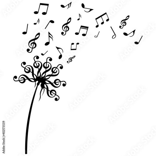 Music notes flower, dandelion made from treble clef, vector illustration.