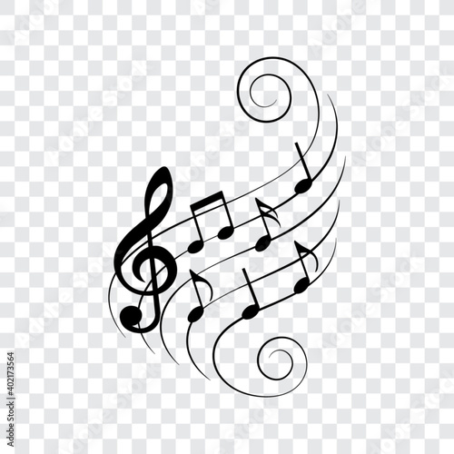Music notes on wavy lines with swirls, vector illustration.