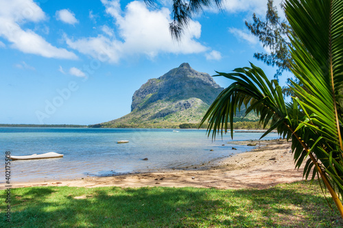 Sandy beach with palm trees and sea with view of Le Morne Brabant on Mauritius