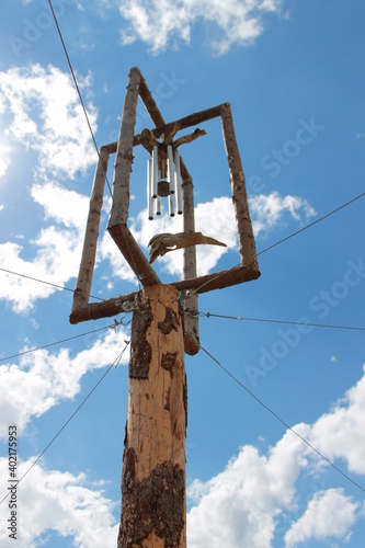 sky, cross, construction, blue, crane, religion, wood, wooden, clouds, symbol, industry, sign, building, faith, old, pole, tower, christ, power, architecture, equipment, cloud, church