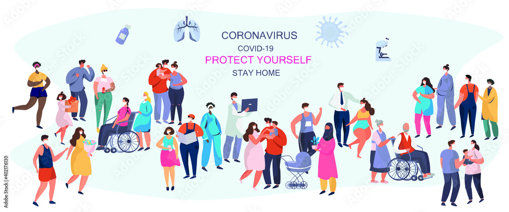 Multinational Society.Characters with Masks Keeping Distance for Decrease Infection Risk For Prevent Virus Covid-19.
Stay Home on Quarantine During the Coronavirus Epidemic.Vector Illustration