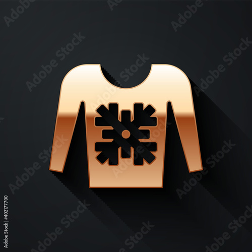 Gold Christmas sweater with norwegian ornaments and holidays decorations icon isolated on black background. Knitted winter jumper. Long shadow style. Vector.