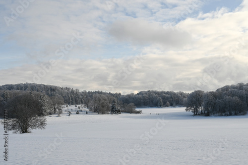 Beautiful winter landscape in Southern Germany showing snow covered meadows and mountain ranges in the background. © ThePhotoFab