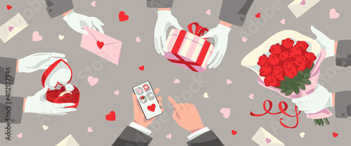 Valentines day online romantic gifts ordering and delivery service. Hands holding mobile phone for order gift, hands de liver gift box, romantic lettre, bouquet of red roses, a ring with a diamond 