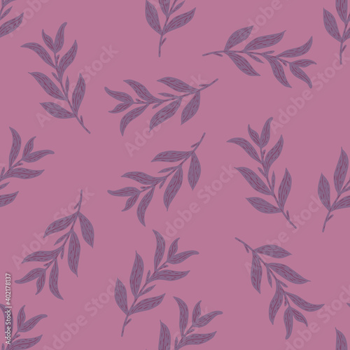 Random foliage doodle silhouettes seamless hand drawn pattern, Pink and purple tones artwork.