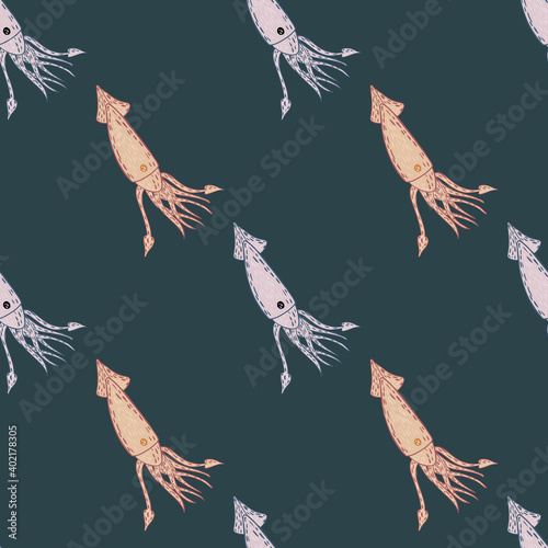 Minimalistic sea life seamless pattern with doodle squid ornament. Turquoise background.