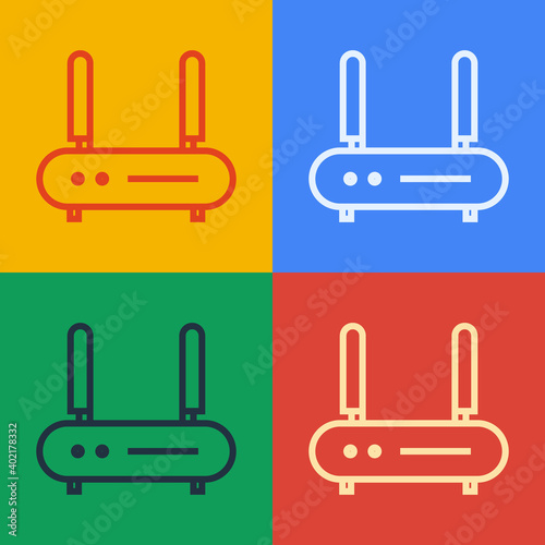 Pop art line Router and wi-fi signal icon isolated on color background. Wireless ethernet modem router. Computer technology internet. Vector Illustration.