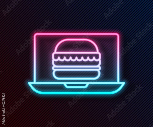 Glowing neon line Online ordering and burger delivery icon isolated on black background. Vector Illustration.
