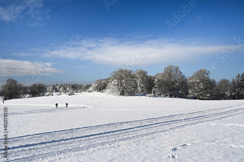 Empty cross country ski tracks on a snow covered field in the German countryside. Forest is in the background. Two skier are on another ski track in the background.