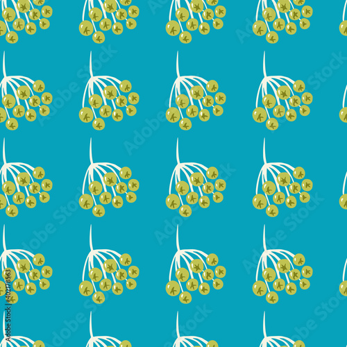 Contrast seamless doodle pattern with yellow sorbus berry ornament. Blue background.