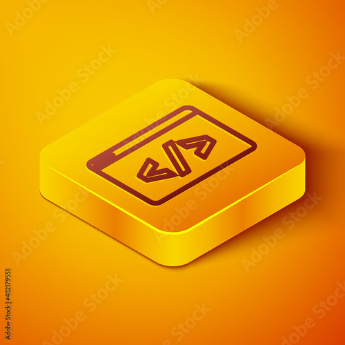 Isometric line Web design and front end development icon isolated on orange background. Yellow square button. Vector.