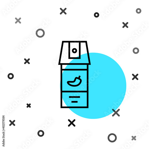 Black line Pepper spray icon isolated on white background. OC gas. Capsicum self defense aerosol. Random dynamic shapes. Vector.