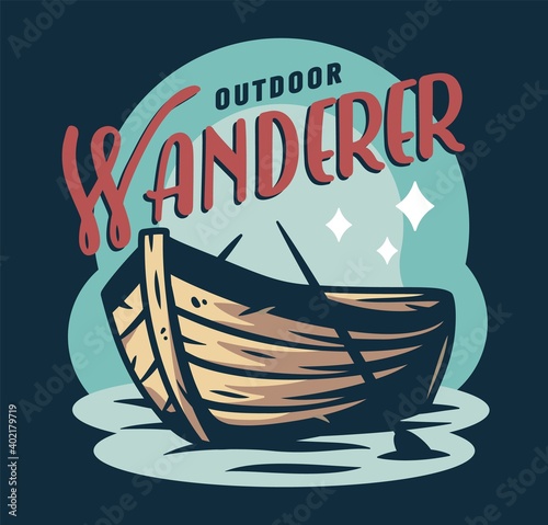 Marine boat or rowboat on the waves. Nautical wanderlust and adventure illustration. Travel outside