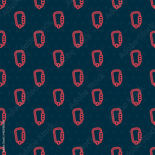 Red line Carabiner icon isolated seamless pattern on black background. Extreme sport. Sport equipment. Vector.