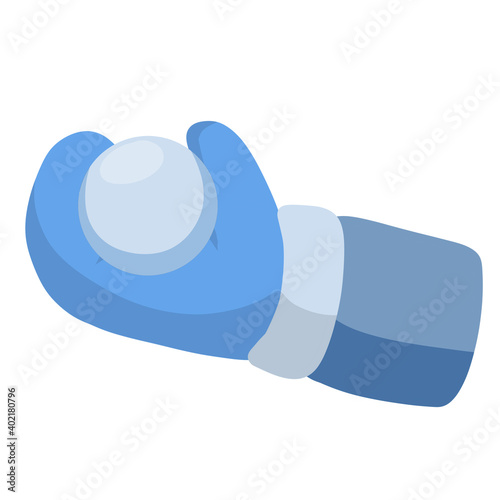Mitten. Winter blue glove and snow. Snowball fight. Rest and activity of kid. Flat cartoon illustration. Children Clothing for cold weather