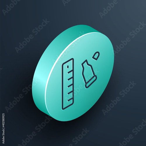 Isometric line Bullet casing as a piece of evidence placed with forensic ruler for documentation icon isolated on black background. Concept of crime scene. Turquoise circle button. Vector.