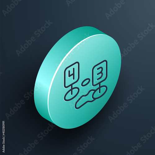Isometric line Marker of crime scene icon isolated on black background. Turquoise circle button. Vector.