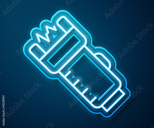 Glowing neon line Police electric shocker icon isolated on blue background. Shocker for protection. Taser is an electric weapon. Vector.