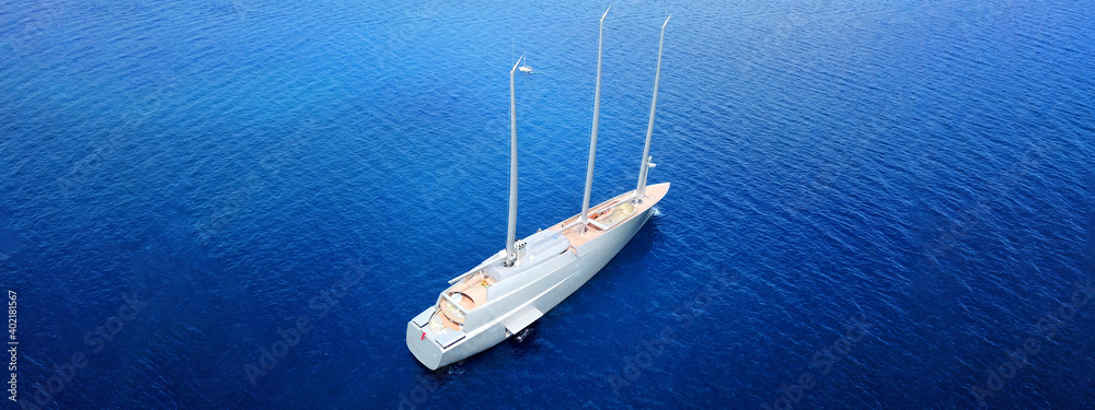 Aerial drone ultra wide photo of sail boat anchored in deep blue Mediterranean Sea Aerial drone ultra wide photo of sail boat anchored in deep blue Mediterranean Sea
