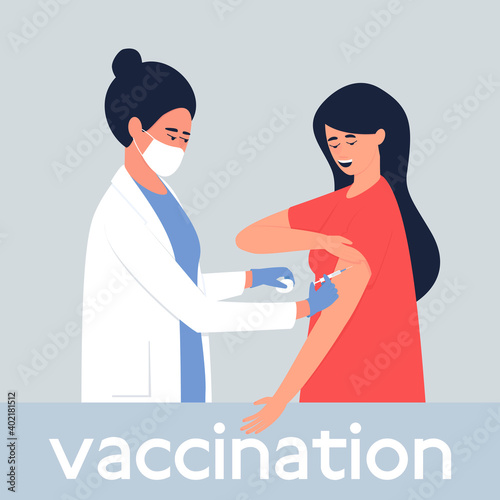 A nurse vaccinates a woman. Vaccination of the population. The introduction of a vaccine to strengthen the body's immune system against the infectious agent. Flat vector illustration.
