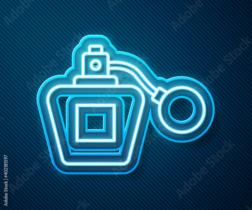 Glowing neon line Perfume icon isolated on blue background. Vector.