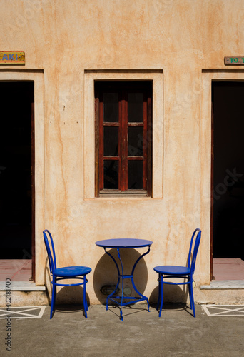 Blue table with two chairs