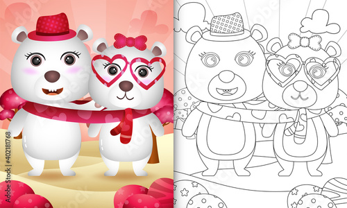 coloring book for kids with Cute valentine's day polar bear couple illustrated
