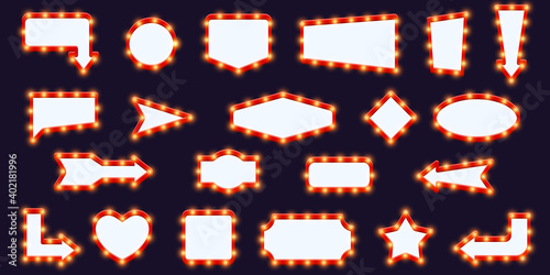 Red gold colored light frames. Vector set of neon light bulbs with glow effect on a dark background with empty space inside. Lamps lighted vector illustration

