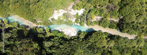 Aerial drone ultra wide photo of beautiful nature in famous river of Aherontas in Thesprotia, Epirus, Greece