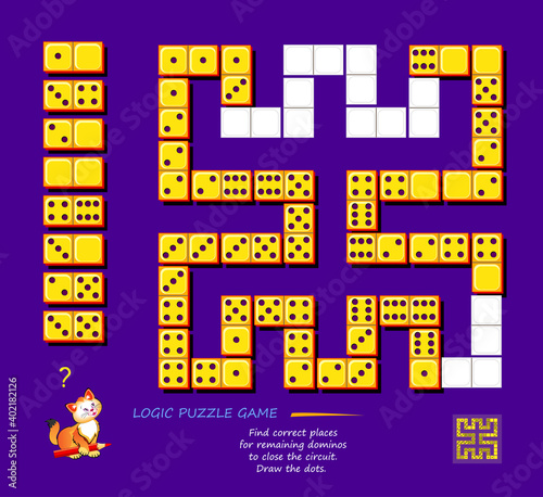 Logic puzzle game for children and adults. Find correct places for remaining dominoes to close the circuit. Draw the dots. Printable page for kids brain teaser book. Memory exercise for seniors.