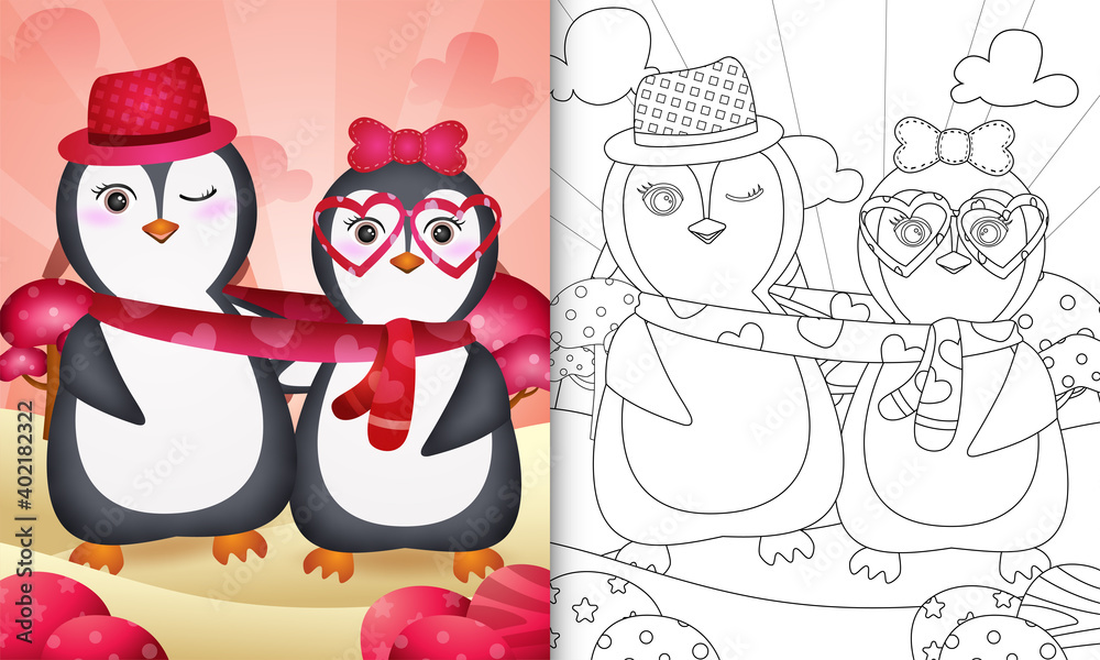 coloring book for kids with Cute valentine's day penguin couple illustrated