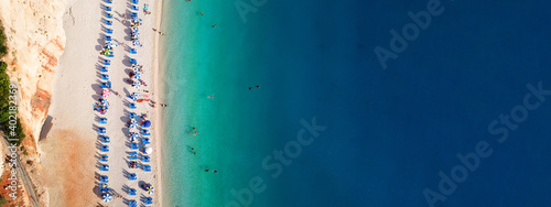 Aerial drone ultra wide photo of paradise bay of Porto Katsiki, Lefkada island, Ionian, Greece