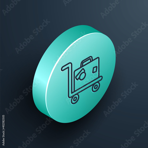 Isometric line Hotel luggage cart with suitcase icon isolated on black background. Traveling baggage sign. Travel luggage icon. Turquoise circle button. Vector.