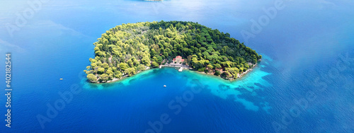 Aerial drone ultra wide photo of small island of Madouri, Lefkada island, Ionian, Greece photo