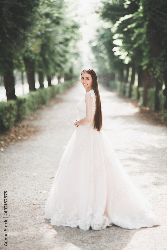 Beautiful bride posing in wedding dress outdoors