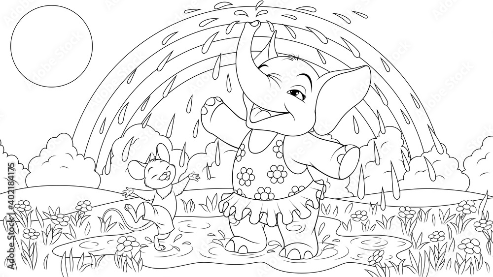 Fototapeta premium Vector illustration, baby elephant with a mouse having fun in the sun