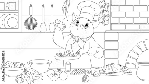Vector illustration, cat chef prepares a delicious dish