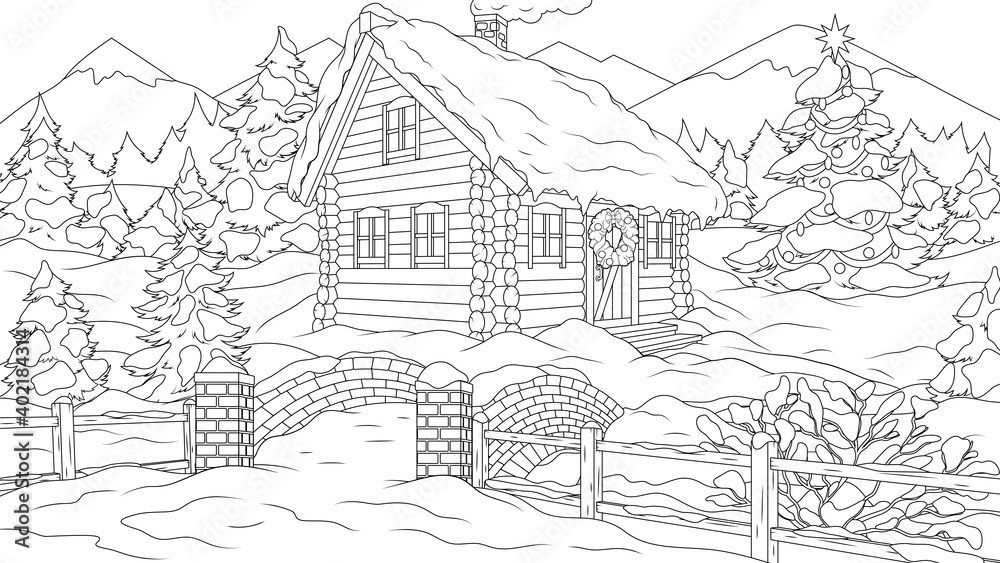 Vector illustration, a house in the forest for the new year