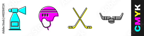 Set Air horn, Hockey helmet, Ice hockey sticks and Ice hockey sticks and puck icon. Vector.