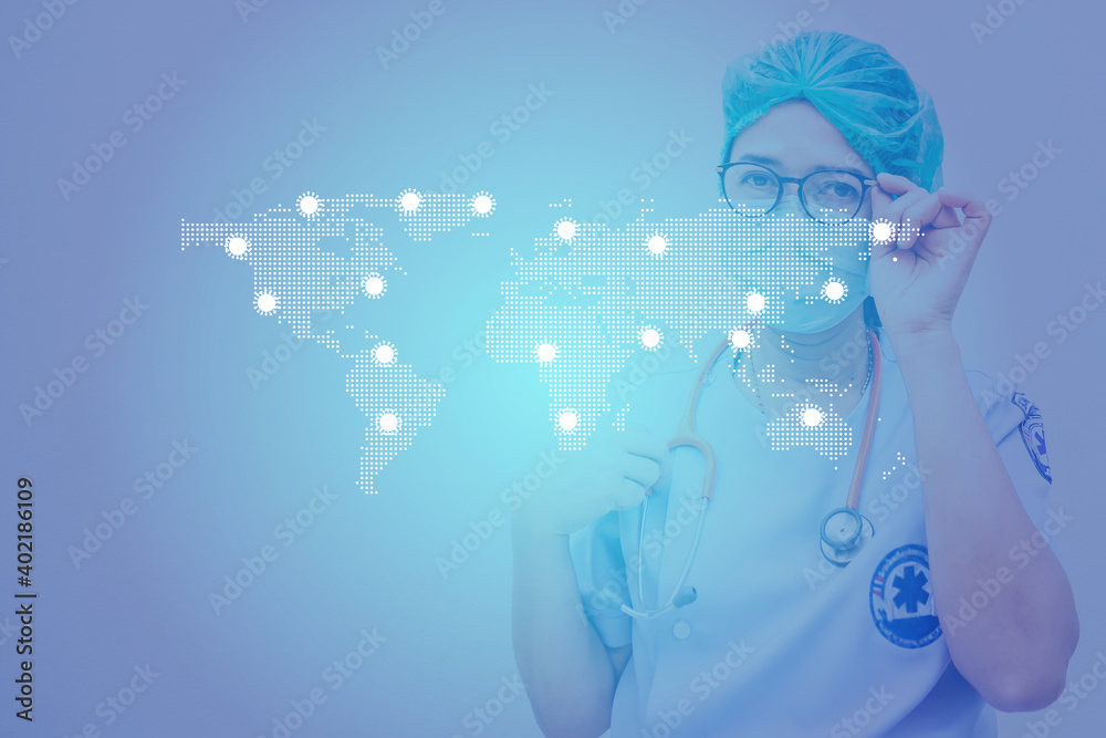 Obraz premium Dot World Map and Background of the Colid 19 Outbreak. Vector file available.Symbol for the spread of coronary disease.