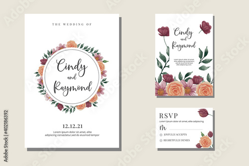 Floral Watercolor Wedding invitation; flowers, leaves, watercolor, isolated on white. Sketched wreath, floral and herbs garland with green, greenery color. Hand drawn Vector Watercolor
