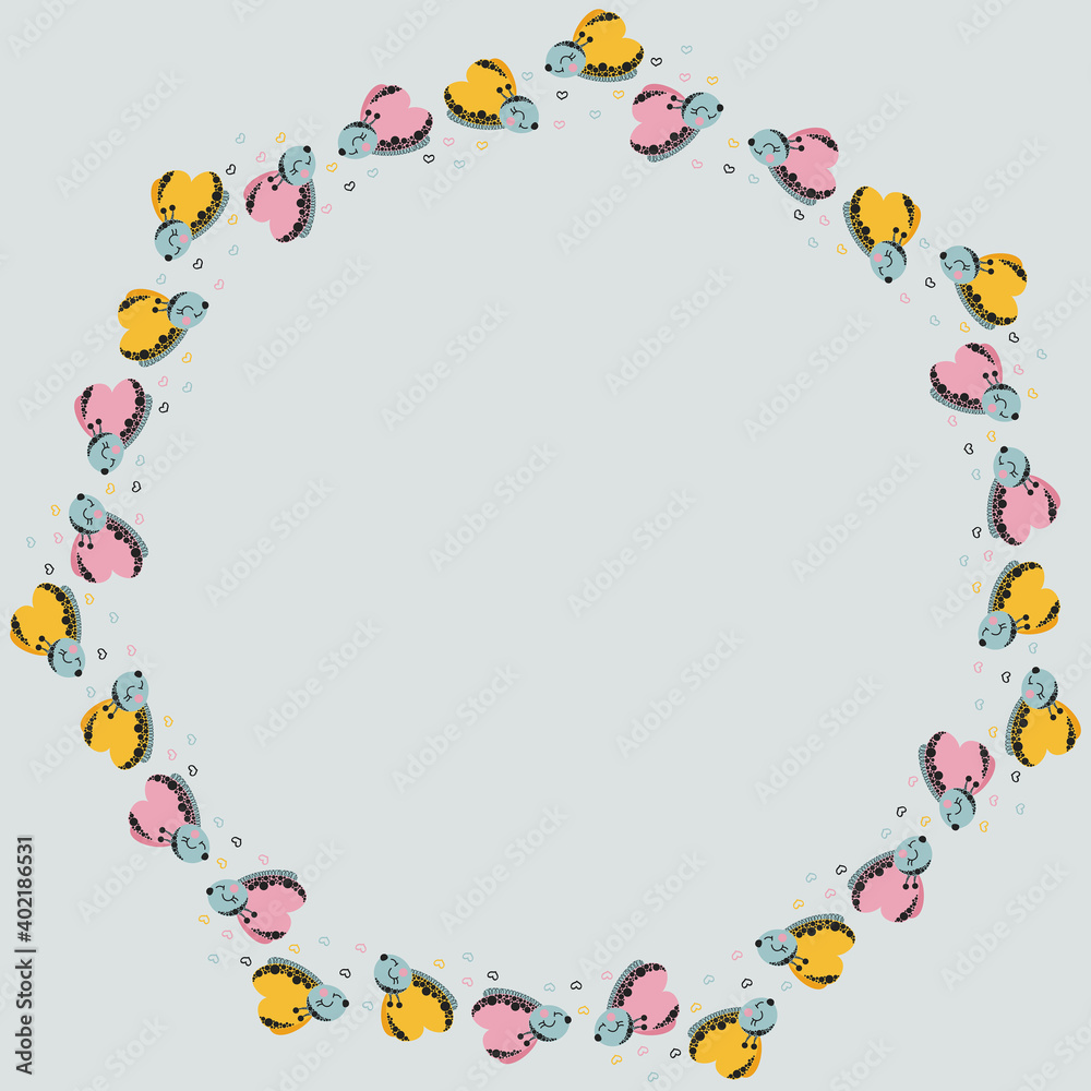 The baby round frame of cute flying smiling butterflies, and doodles of hearts on a gray background. For the banner, nursery poster, cover, template for text. Vector. The baby round frame of cute flying smiling butterflies, and doodles of hearts on a gray background. For the banner, nursery poster, cover, template for text. Vector.