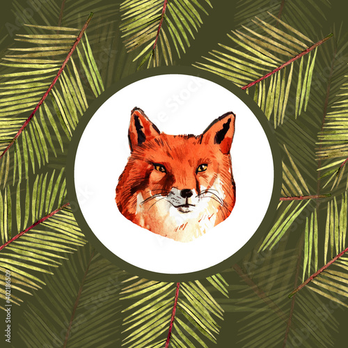 Seamless pattern illustration with green palm leaves with fox in the  white round isolated on green background