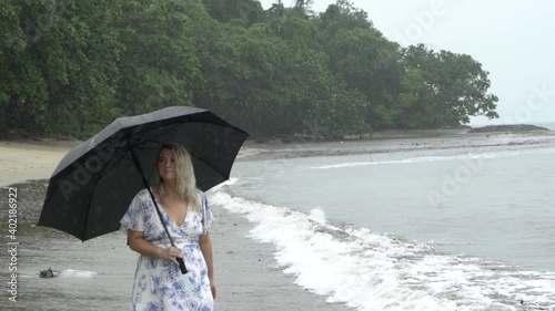 Woman Walking Towards Camera In Rain Slow Motion photo