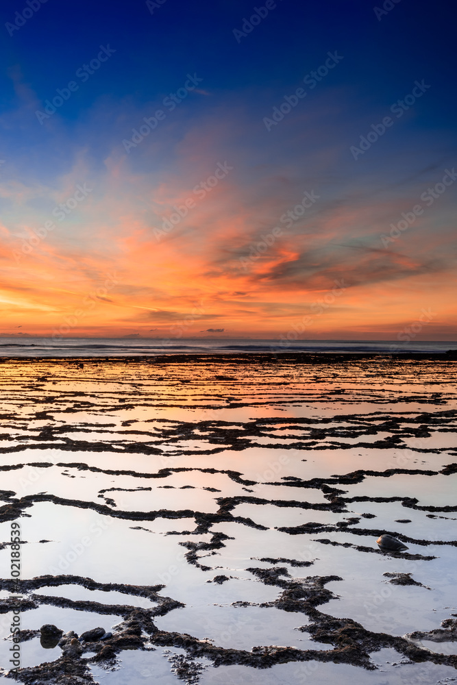 vertical view of a beautiful sunset over the ocean with rocky beach and tidal pools in the foreground