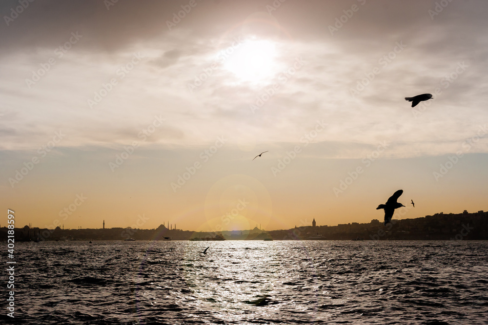 Fototapeta premium Panoramic view of Istanbul from a boat on the Bosphorus river at sunset