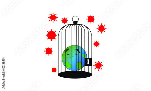 Global lockdown  vector illustration. Earth lockdown . Worldwide lockdown illustration. Earth locked inside birdcage